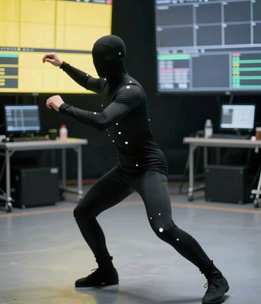 A high-fidelity motion capture session in progress. An actor in a black mocap suit with white markers performs a cinematic movement. The background features technical equipment and large screens displaying real-time data in yellow (#FFFF00) and grey (#E0E0E0). Sleek, cinematic, and professional lighting.