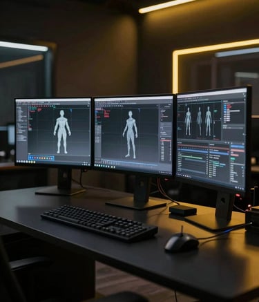 An ultra-modern game developer workspace in a dark studio. A high-end workstation with three curved monitors shows complex 3D character wireframes. The room is dimly lit with subtle yellow LED strips (#FFFF00) reflecting off sleek black surfaces (#000000). Professional and high-tech atmosphere.