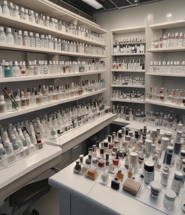 Two pharmacists wearing lab coats and masks organize medical supplies in a pharmacy setting.