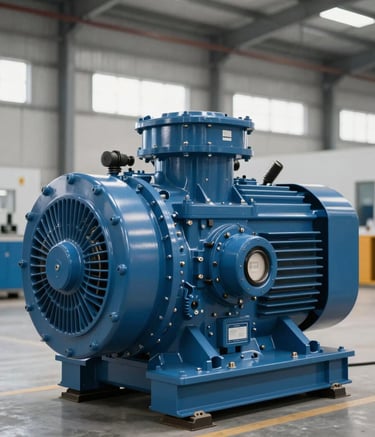A high-end industrial electric generator in a steel blue casing, parked on a modern logistics site. The lighting is bright and clean, emphasizing a robust and reliable piece of equipment.