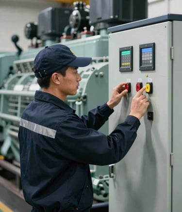 A professional technician wearing a dark navy uniform and safety gear inspecting the control panel of a large power generator. The scene communicates safety and expert technical support.