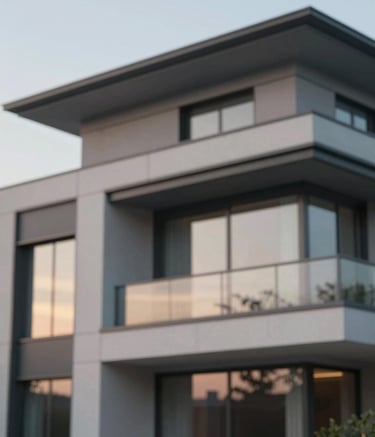 A close-up shot of architectural details on a modern luxury villa, featuring clean lines, glass windows reflecting a soft sunset, and high-end materials. The lighting is warm and elegant, incorporating the #5A6B6D slate grey and #EDF3F5 tones in the building materials and sky.