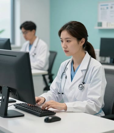 A focused healthcare administrator in a professional North American medical office, working at a clean, modern desk with integrated technology. The setting is bright and efficient with soft teal and light blue accents, reflecting a reliable and organized atmosphere.