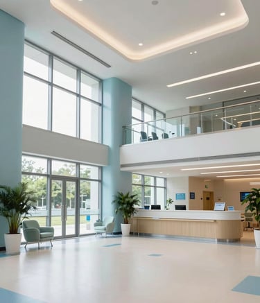The bright and spacious lobby of a modern international hospital. Large windows allow natural light to illuminate the clean, professional architecture. The environment is welcoming and highly organized, featuring soft blue and off-white tones.