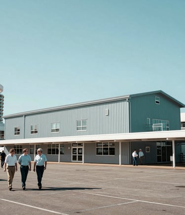 An wide-angle architectural shot of a modern marine research facility in Australia, blended with European-style urban design. The scene features researchers walking in conversation under a bright, clear sky, captured in a clean, professional photography style using a palette of teal and light blue.