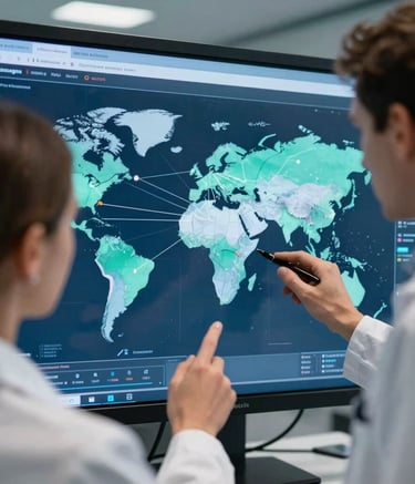 A sophisticated close-up of two researchers, one Australian and one European, reviewing a digital map of global research networks on a large glass screen. The setting is a high-tech office with cool tones of dark blue and teal, emphasizing professional collaboration and trusted expertise.