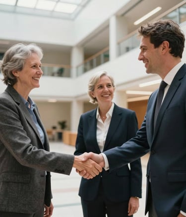 A professional portrait of Australian and European researchers shaking hands in a bright, modern university atrium. The lighting is soft and natural, emphasizing trust and international unity. The style is sophisticated and forward-thinking.