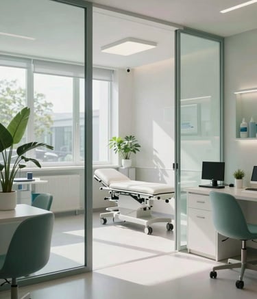 A clean, minimalist medical office interior in Germany with plenty of glass, natural light, and soft green decorative elements. The atmosphere is calm, welcoming, and technologically advanced.