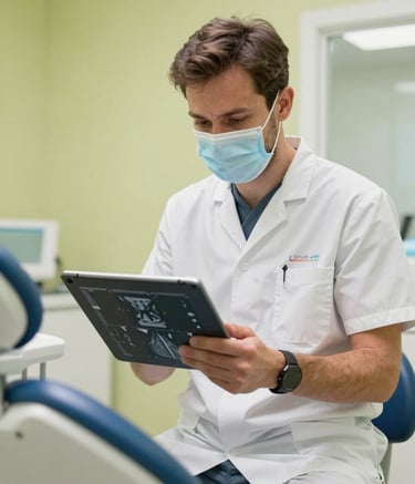 A focused dentist in a modern, bright dental practice in Central Europe, looking at a digital tablet with medical scans. The lighting is soft and natural, emphasizing a warm and professional atmosphere. The environment is clean and innovative, with pale lime green accents in the background.