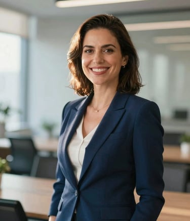 A professional and friendly portrait of a female financial advisor, Alexandra Magalhaes, in a modern, sun-drenched office. She wears a professional blazer. The background is soft-focus with hints of #1E3F66 and #B8D3E7. The lighting is warm and approachable.