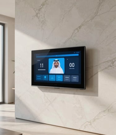 A wide-angle interior shot of a sophisticated smart home dashboard integrated into a minimalist marble wall of a luxury villa in a Middle Eastern / Gulf setting. Soft daylight filters in, creating a professional and trustworthy mood.