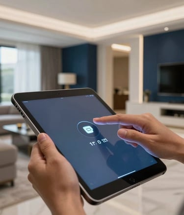 A close-up photograph of a hand using a tablet to control the lighting and temperature of a luxury Middle Eastern / Gulf villa. The background shows a modern, sophisticated living space with Slate Blue and Dark Navy accents, illuminated by soft, professional indoor lighting.