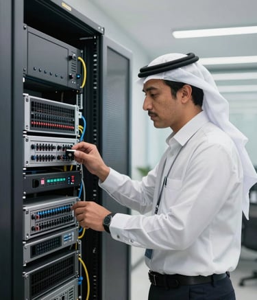 A professional engineer in a sharp uniform inspecting a complex network infrastructure rack within a modern corporate office in the Middle Eastern / Gulf region. The lighting is clean and bright, emphasizing a high-tech and reliable atmosphere.