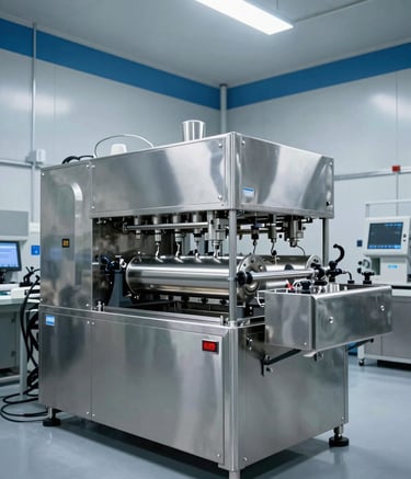 A wide-angle shot of a bright, modern North American pharmaceutical machinery manufacturing floor. A large, stainless steel blistering machine is centered, gleaming under cool white lights, with steel blue industrial accents on the walls.