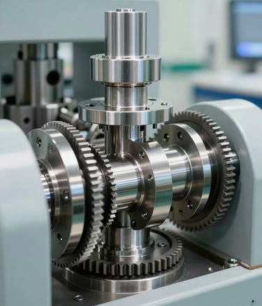 Macro photography of precision-engineered stainless steel components and gears inside a pharmaceutical tablet press, sharp focus, clean industrial lighting, North American industrial facility style, featuring pale blue-grey and off-white metallic reflections.