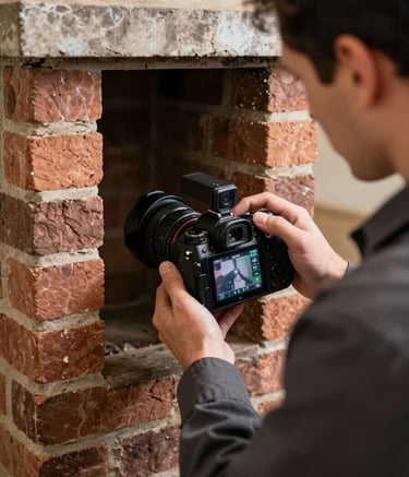 A close-up photograph of a professional technician in a dark charcoal uniform using a specialized digital camera to inspect the interior of a brick chimney. The lighting is focused and clear, showcasing high-tech tools in a North American residential setting.