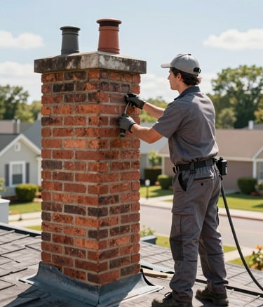 A professional chimney sweep in a grey uniform stands next to a clean, well-maintained brick chimney on a roof in a sunny North American suburb. The scene is bright, reflecting efficiency and professional reliability.