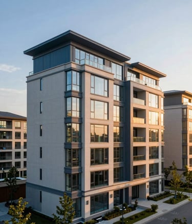 A wide-angle professional photograph of a contemporary luxury residential development in a North American / US suburb during the golden hour. The architecture features clean lines, large glass windows, and accents of steel blue and light gray. The lighting is warm and inviting, emphasizing high-end real estate quality.