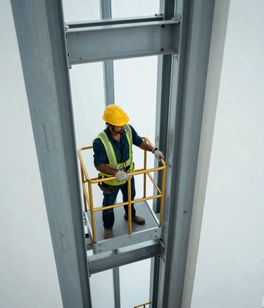 A high-angle photograph of a modern industrial elevator shaft being inspected by a professional in a South Asian / Indian commercial development, featuring clean lines, grey steel, and gold safety markings under bright, cool white lighting.