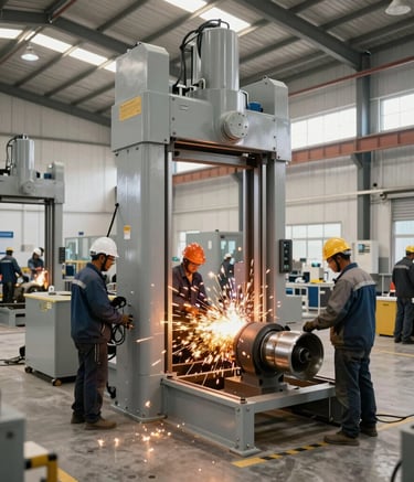 A wide-angle shot of a bright fabrication floor in India where engineers are working on heavy industrial elevator components, featuring gold sparks from welding and professional grey machinery in an off-white facility.
