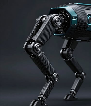 A close-up, high-detail shot of a sleek, black and teal quadruped robot's mechanical limb and joints. The lighting is cinematic and moody, highlighting the premium carbon fiber and metallic textures. Background is a dark, minimalist studio setting using #1A1A1A and #2E3A4B tones.