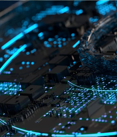 Macro view of a futuristic blue circuit board with glowing data lines and digital microchips.