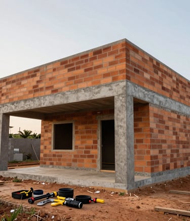 A wide angle shot of a solid brick house under construction in Brazil. The structure shows clean lines and sturdy charcoal grey concrete pillars against a soft white sky. Professional tools are neatly organized in the foreground.