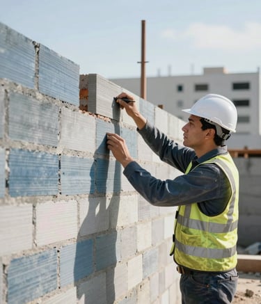 A professional construction expert inspecting the quality of a newly built brick wall. The scene is bright and airy, reflecting a South American urban development with slate blue and soft white tones in the background.