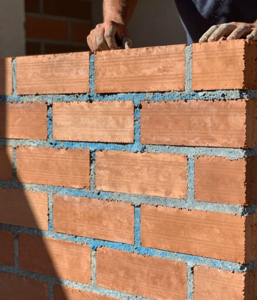 A close-up photograph of expert masonry work featuring perfectly aligned warm copper colored bricks and clean slate blue mortar joints. The lighting is crisp morning sun in a South American residential construction site, emphasizing texture and precision.