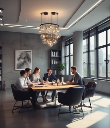 A recruiter reviewing resumes with a warm teal background.