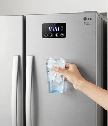 Close-up of a modern Samsung digital refrigerator with inverter system.