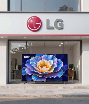 Technician repairing a modern 100-inch LG television in a cozy living room.