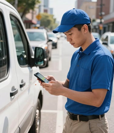 A professional courier checking a digital map on a smartphone while standing next to a delivery vehicle on a busy North American street. The scene is bright and highlights modern technology and reliability.