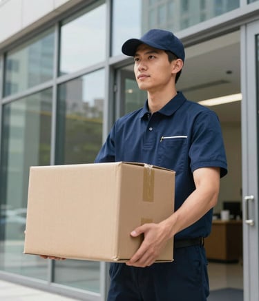 A professional courier in a dark blue uniform carrying a medium-sized cardboard package into a modern glass-walled corporate office in a North American city during broad daylight. The scene highlights efficiency and reliable service.