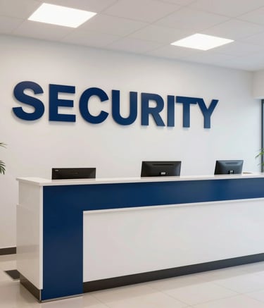 A clean and bright professional reception area of a security company in Mexico, showing navy blue branding elements and a modern, trustworthy atmosphere.