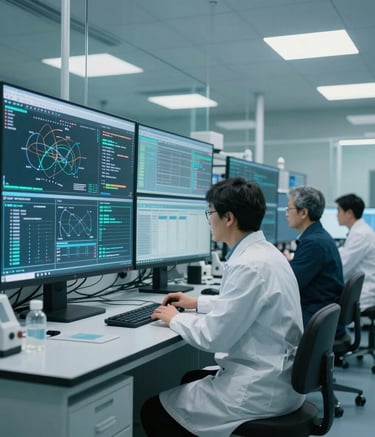 A high-tech research and development laboratory in North America with clean glass surfaces and soft teal lighting. Professional scientists in modern, sophisticated tech-wear are collaborating near large, translucent digital displays showing complex data visualizations. The atmosphere is innovative and professional.