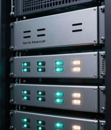 Close-up photography of high-performance secure server racks in a North American data center. Sleek metallic surfaces and soft status lights in teal and soft white emphasize sophisticated technology, security, and the reliability of a modern cloud infrastructure.