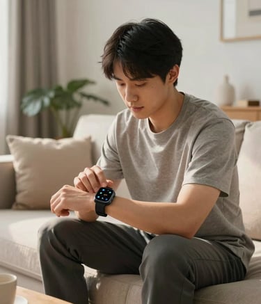 A photography of a person in a bright, modern North American living room, sitting on a contemporary sofa and looking at a sleek wearable device on their wrist. Warm, natural light fills the room, creating an empathetic and calm mood of personal empowerment and health awareness.