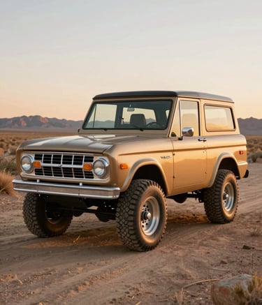 A vintage 1960s Ford Bronco in Tan parked on a dusty trail in a North American desert at sunset. The lighting is warm and golden, highlighting the classic lines and rugged tires of the historic vehicle.