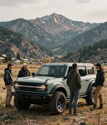 A group of Bronco enthusiasts gathered around a new Sage Green vehicle in a North American mountain clearing. The group is engaged in rugged camaraderie, dressed in outdoor gear, with the expansive North American landscape behind them in soft daylight.