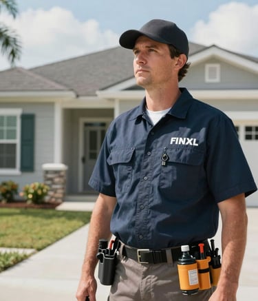Photography of a professional technician in a clean, branded uniform standing in front of a modern North American home in Orlando, Florida. The lighting is bright and crisp, highlighting the technician's gear and the safety-focused, reliable presence of the expert.