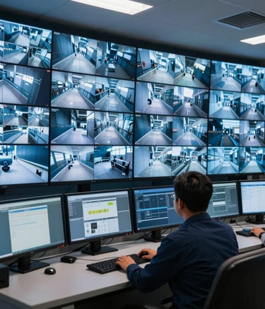 A sophisticated electronic security control room in a South Asian city, featuring a wall of high-resolution monitors displaying surveillance feeds, a professional operator in the foreground, lighting in shades of navy blue and steel blue.