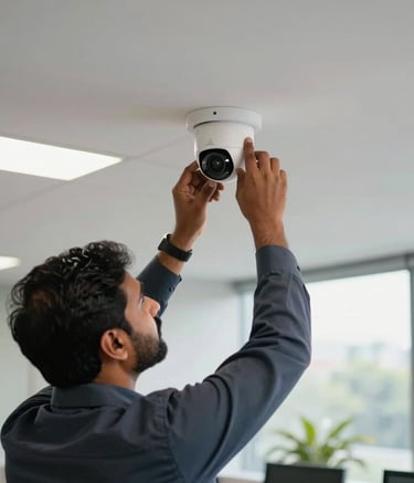 A professional technician in formal attire installing a high-definition IP camera on the ceiling of a modern corporate office in Kerala, South Asian setting, focus on precision and advanced technology, bright natural lighting.