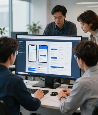A collaborative team of tech professionals in a modern North American office setting, working together on a large touchscreen displaying mobile app wireframes. The lighting is bright and professional, with a color palette of dark blue and pale blue reflecting a sense of innovation and clarity.
