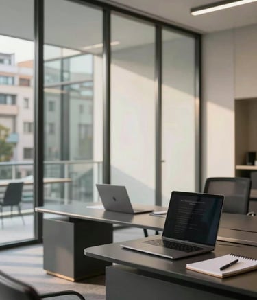 A high-quality professional photograph of a modern glass-walled office in a Spanish / Iberian city. The scene features a clean workspace with a laptop, a notebook, and soft afternoon light. The color palette includes slate gray and charcoal black furniture with soft off-white walls.