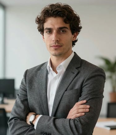 A professional portrait of a person in smart business attire, looking confident and approachable in a Spanish / Iberian modern office setting. The background is slightly blurred showing a bright, soft off-white interior with muted sky gray accents.