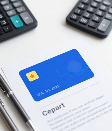 A minimalist overhead shot of a clean desk with a pen, a calculator, and a credit analysis report, using royal blue accents and navy tones to evoke professionalism and clarity.