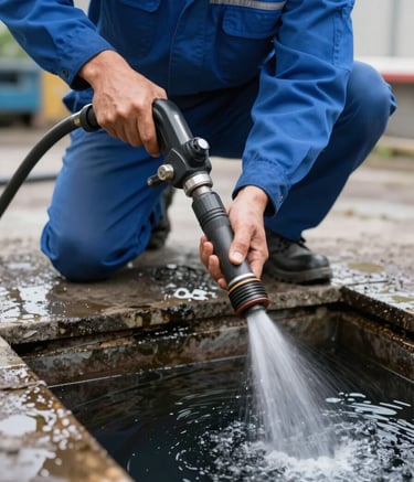 Close-up photography of a professional technician in steel blue workwear operating a high-pressure water jet system for sewer cleaning. Central European setting, sharp focus, professional lighting, reflecting reliability.