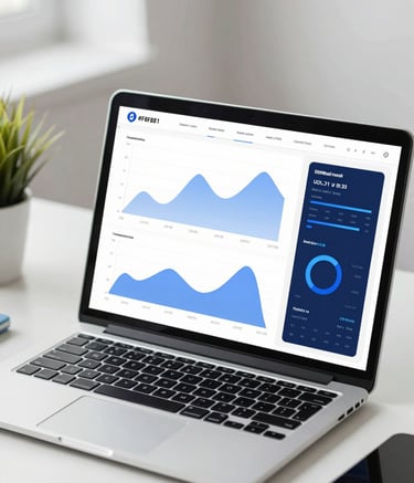 A professional workspace with a clean laptop screen showing abstract data visualization charts. The lighting is natural and bright. The color scheme uses #F8F8F8 for the environment with #0D1B2A and #1A3E6F in the digital graphs, conveying a sense of expert research.