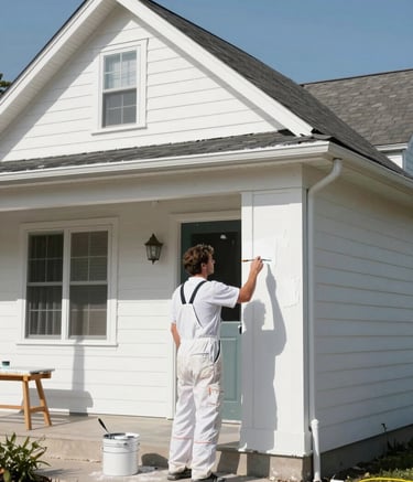 A wide-angle professional photograph of a painter carefully applying fresh white paint to the exterior of a traditional North American suburban house. The scene is bright and sunny, highlighting the clean lines and meticulous finish of the work. The professional wears clean white overalls.
